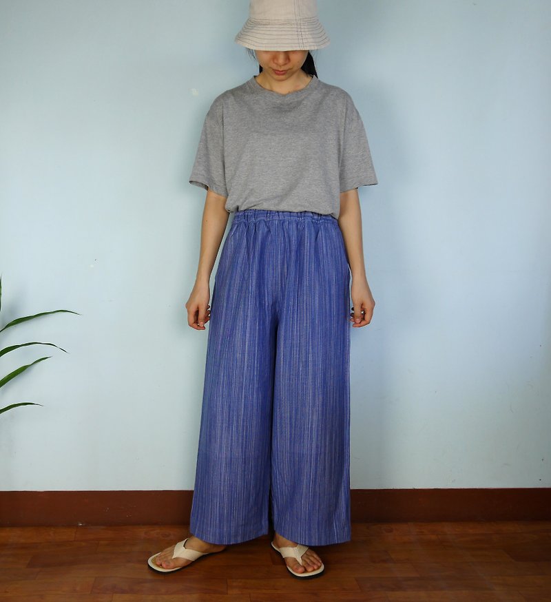 【聖誕禮盒】Handwoven cotton fabric  pants (blue - 闊腳褲/長褲 - 棉．麻 藍色