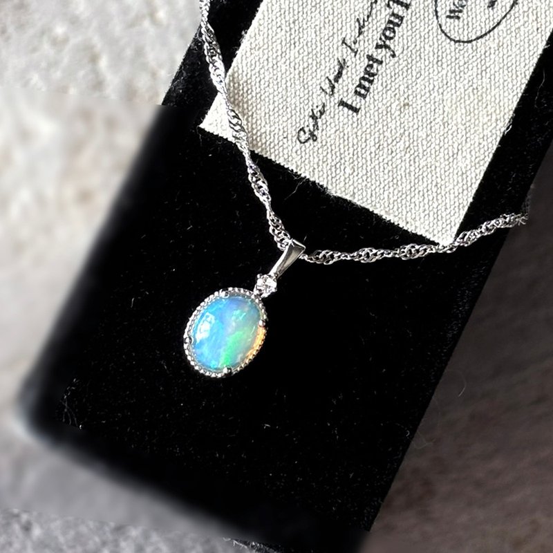 High grade large 7x9mm opal sterling silver necklace - สร้อยคอ - คริสตัล สีน้ำเงิน