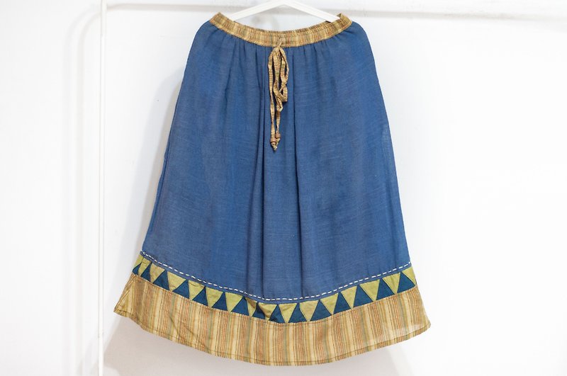Cotton and linen embroidered skirt / ethnic skirt / color cotton skirt skirt / handmade patchwork skirt - geometric triangle hill - กระโปรง - ผ้าฝ้าย/ผ้าลินิน สีน้ำเงิน