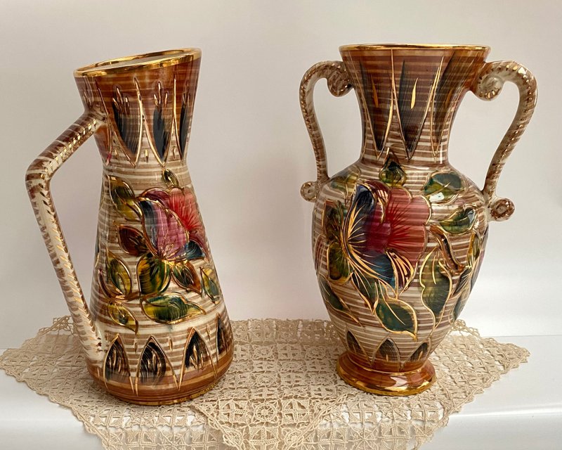 花瓶/水壺復古 1960 年代 HBEQUET 手繪比利時陶瓷套裝 2 - 擺飾/家飾品 - 陶 多色