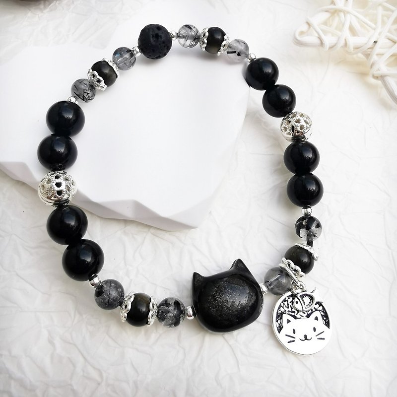 Black Cat(Silver)-Obsidian,Black Rutilated Quartz,VolcanicStone Crystal Bracelet