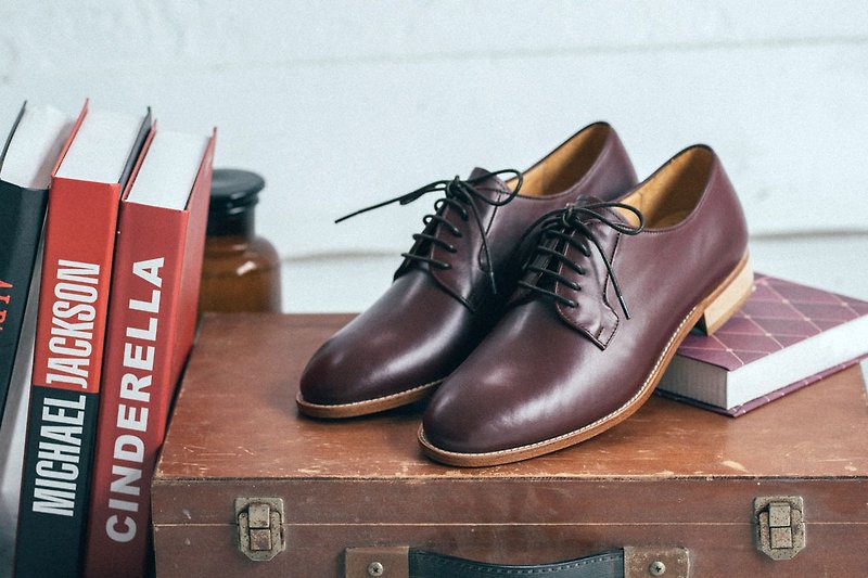 One Cut Blucher shoes Burgundy burgundy gentleman shoes Derby shoes leather shoes men - รองเท้าหนังผู้ชาย - หนังแท้ สีแดง