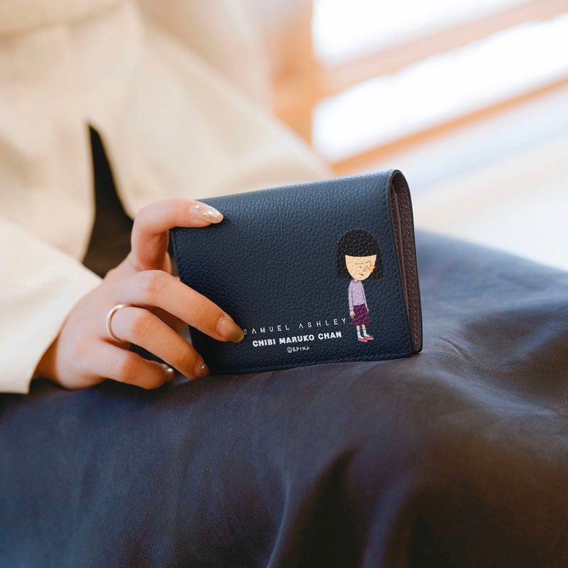 【PRE-ORDER】Samuel Ashley x Chibi Maruko Chan Bi-fold Leather Wallet - Navy - Wallets - Genuine Leather Blue