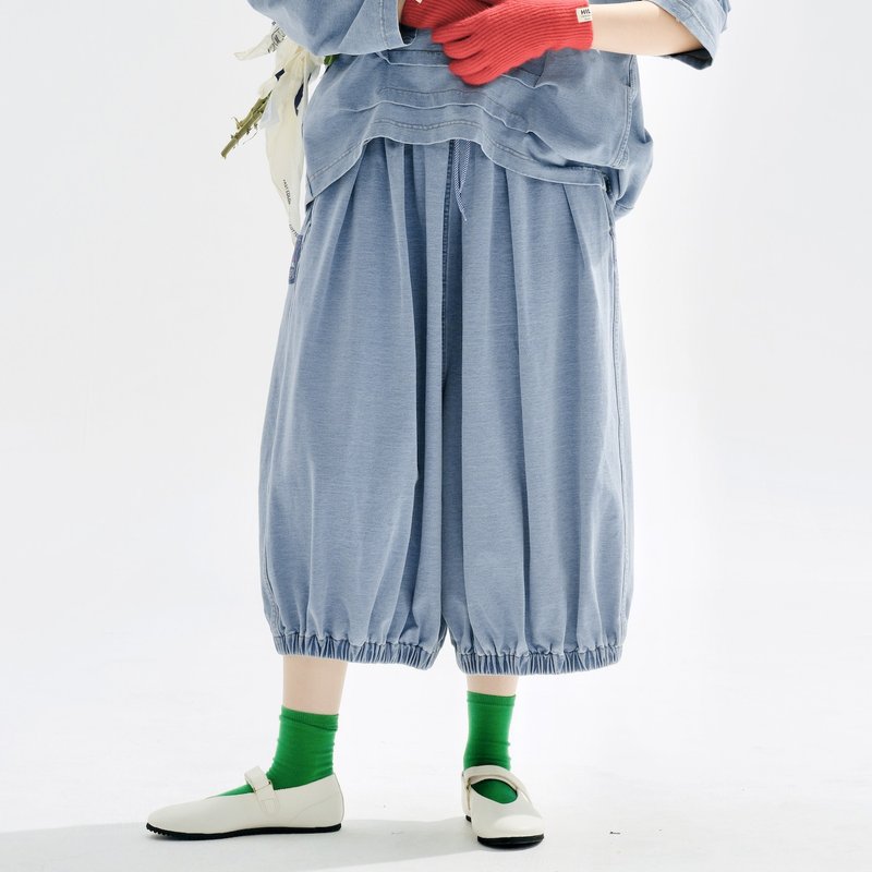 灰藍復古水洗針織牛仔褲 - 女長褲 - 棉．麻 藍色