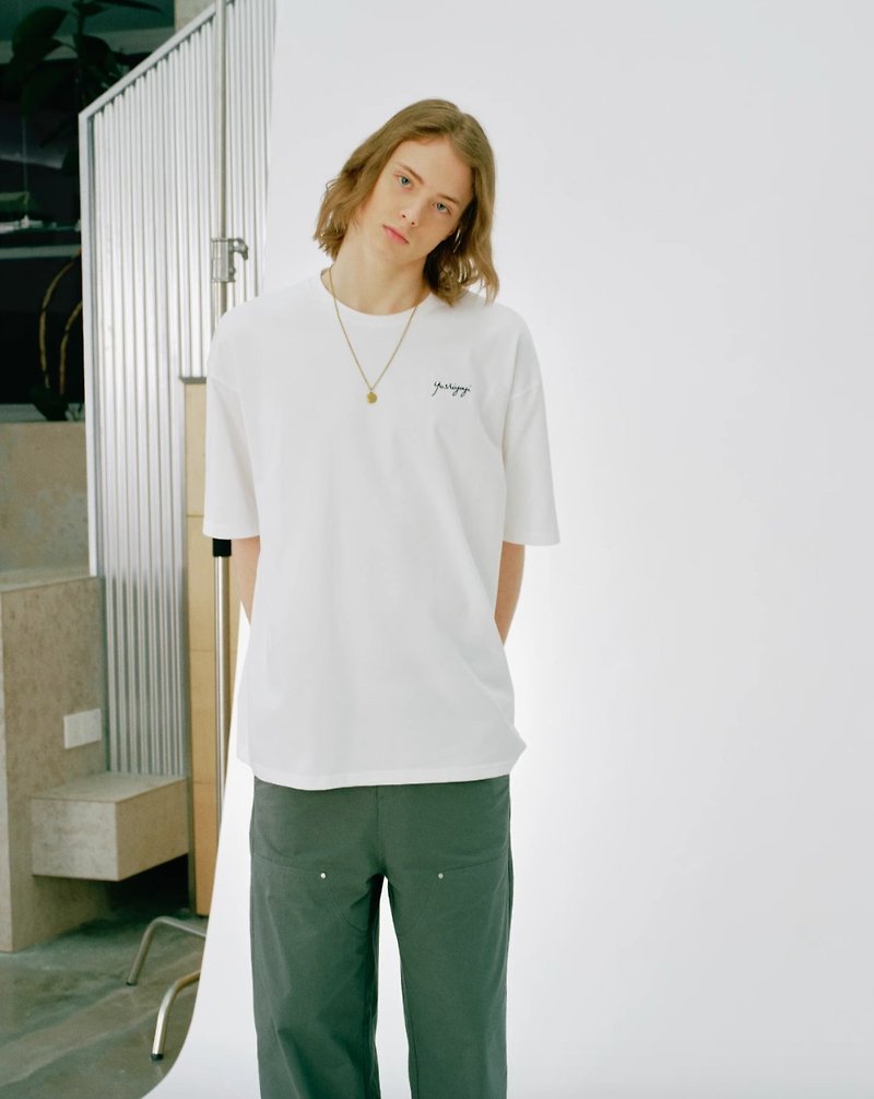 Japanese minimalist heavy-washed short-sleeved T-shirt - Men's T-Shirts & Tops - Other Materials White