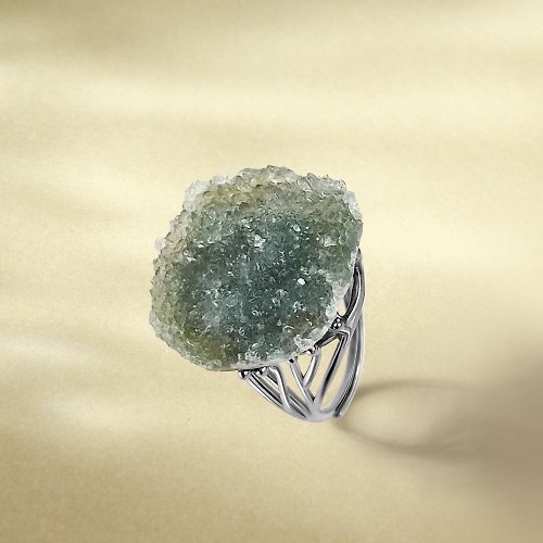 WANZAMGOK 碧璽活口戒指 隨形原石標本 星光閃片 綠色水晶手工指環 S925銀