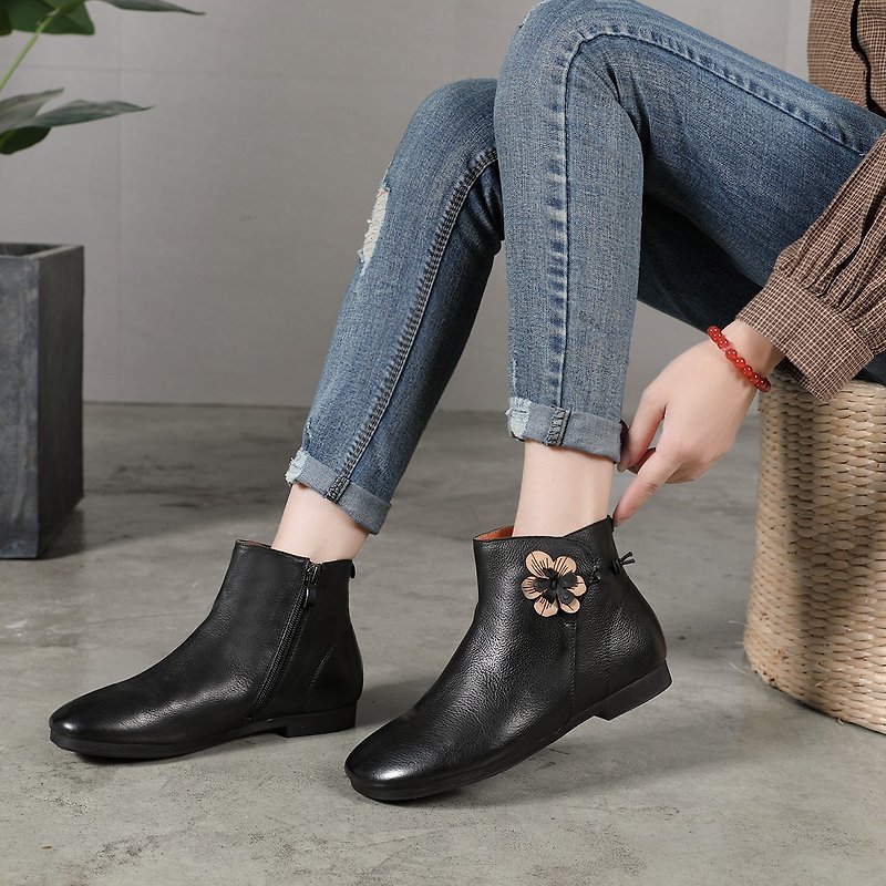 Low art handmade female short boots flat bottom women's boots - Women's Booties - Genuine Leather Black