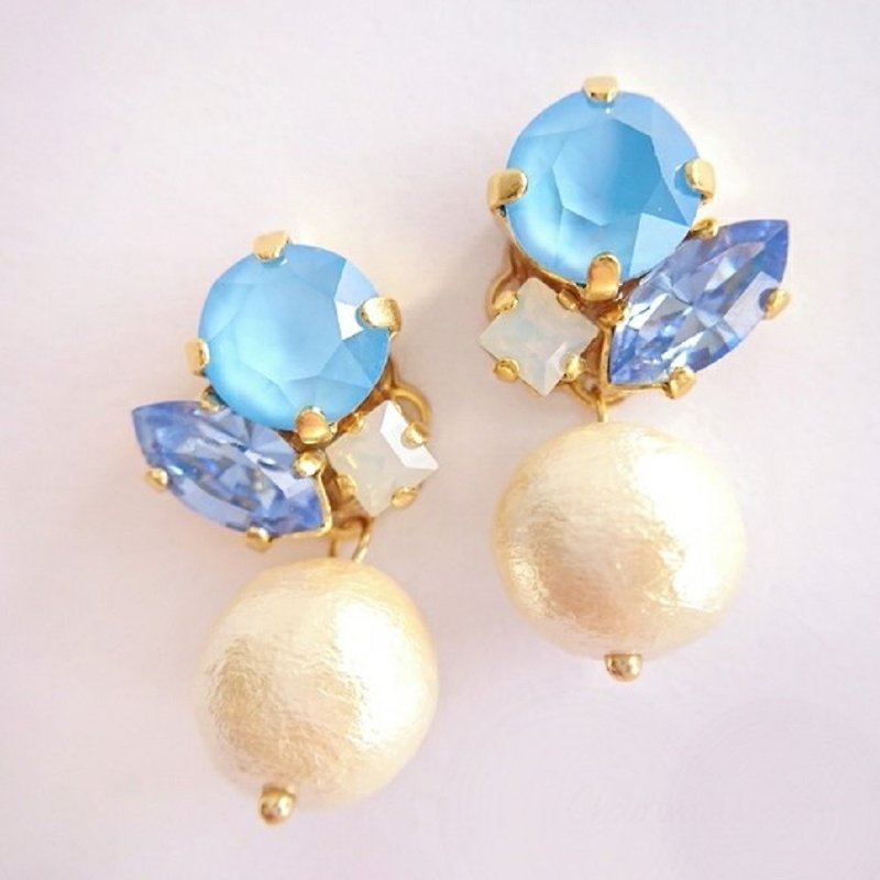 Swarovski & Pearl Clip-On, Earrings (Marine Blue) - ต่างหู - คริสตัล สีน้ำเงิน