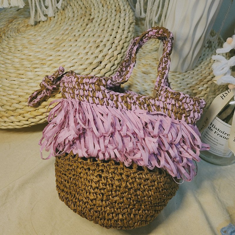 Riyao macrame raffia woven fur bag - Handbags & Totes - Paper Pink