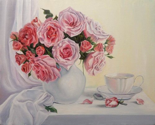 ピンクの薔薇 油絵 原画 手描き