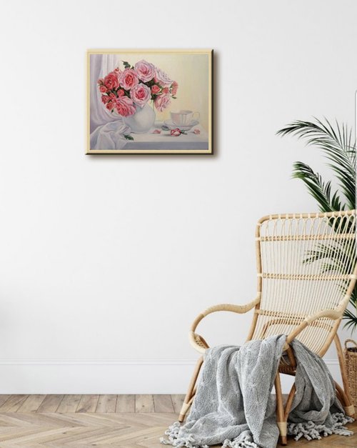 ピンクのバラ 花の絵 原画 手描きアート ぶら下がっている絵