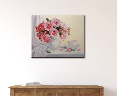 ピンクのバラ 花の絵 原画 手描きアート ぶら下がっている絵