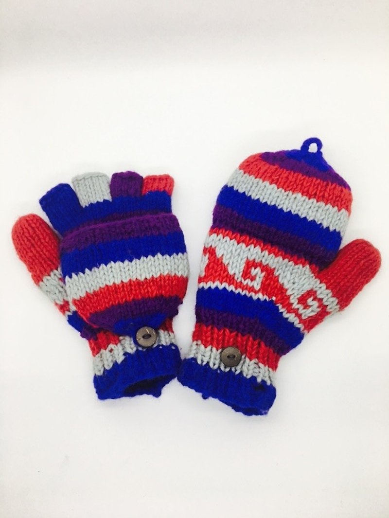 ネパールウール100％純粋なウールハンドニット厚い手袋 - ブルーアッシュX X赤波形スタイル - 手袋 - ウール 多色