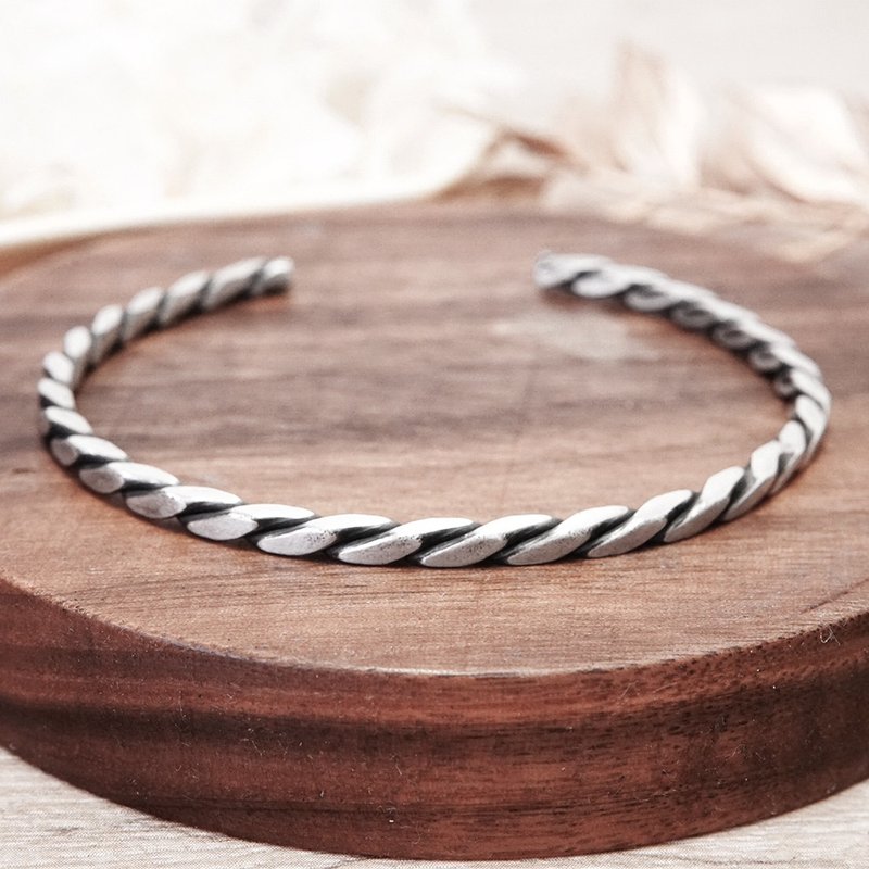 方晶格 麻花手環 霧黑 925純銀手環 開口式 C型手環 - 手鍊/手環 - 銀 銀色