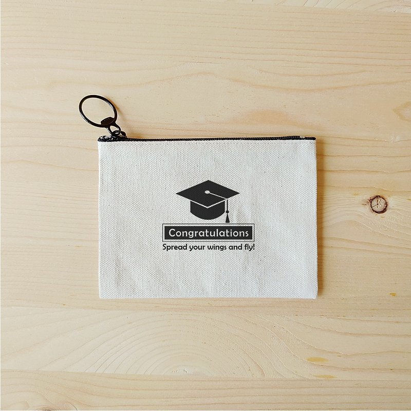 Graduation blessing flat small storage bag / change bag thermal transfer - กระเป๋าใส่เหรียญ - ผ้าฝ้าย/ผ้าลินิน ขาว