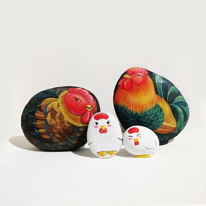 Chicken family stone painting original art. - 公仔模型 - 石頭 紅色