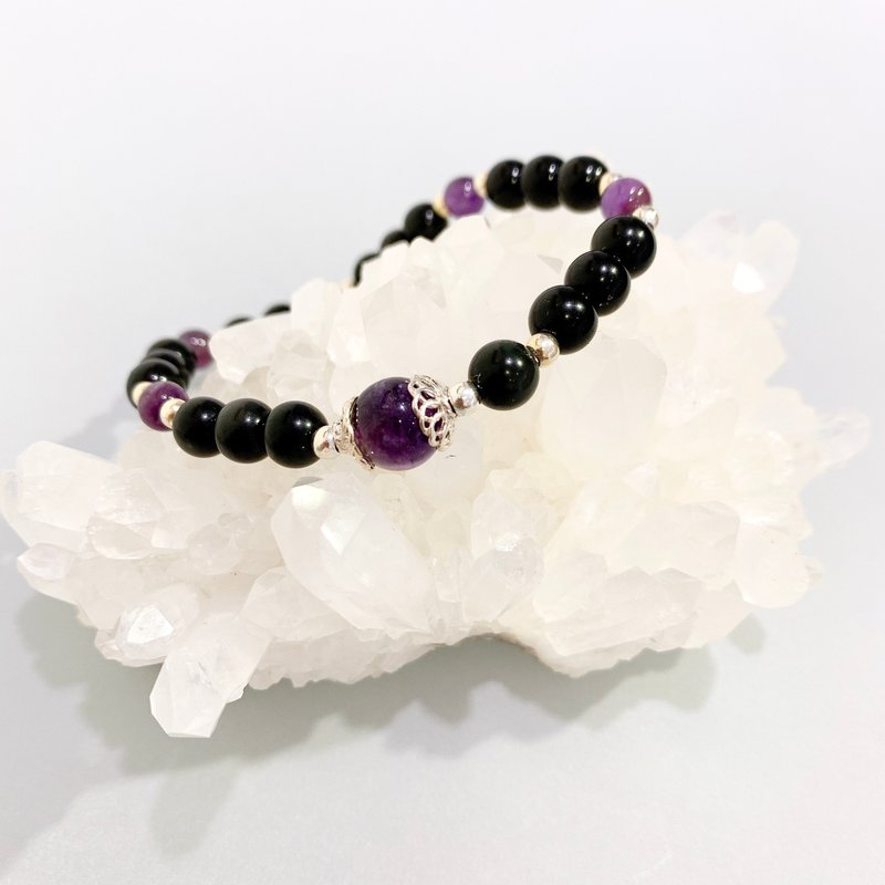 Ops Obsidian Silver bracelet-黑曜石/純銀/防小人/彈性/紫水晶 - 手鍊/手環 - 寶石 紫色