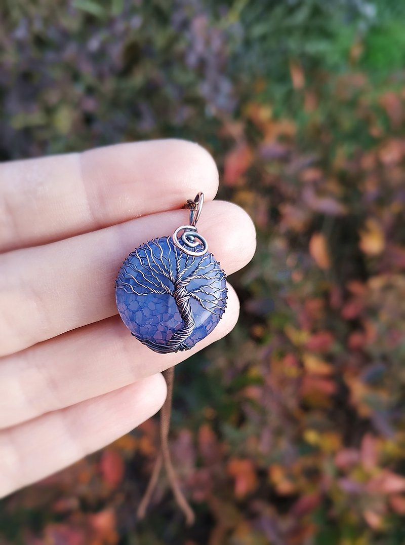 Dragon Veins Tree Of Life Pendant, Viking Wire Wrapped Tree Of Life Jewelry - Necklaces - Gemstone Blue