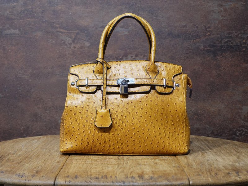 Ostrich-Embossed Cowhide Birkin-Style Bag - Handbags & Totes - Genuine Leather Brown