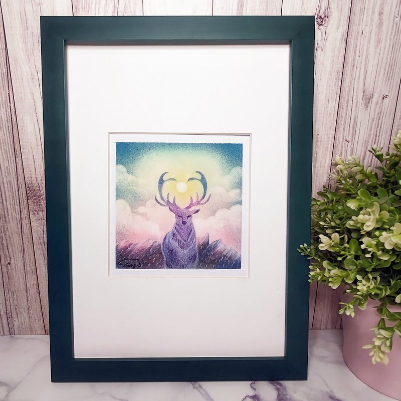 Hand-painted original painting•Misty forest deer pastel original painting-framed illustration home furnishing art collection - Posters - Paper 