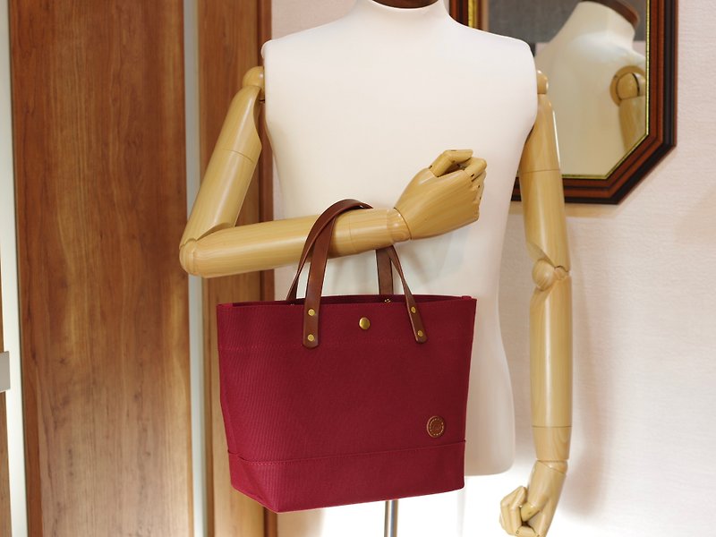 Leather handle canvas tote bag S size Bordeaux - Handbags & Totes - Cotton & Hemp Red