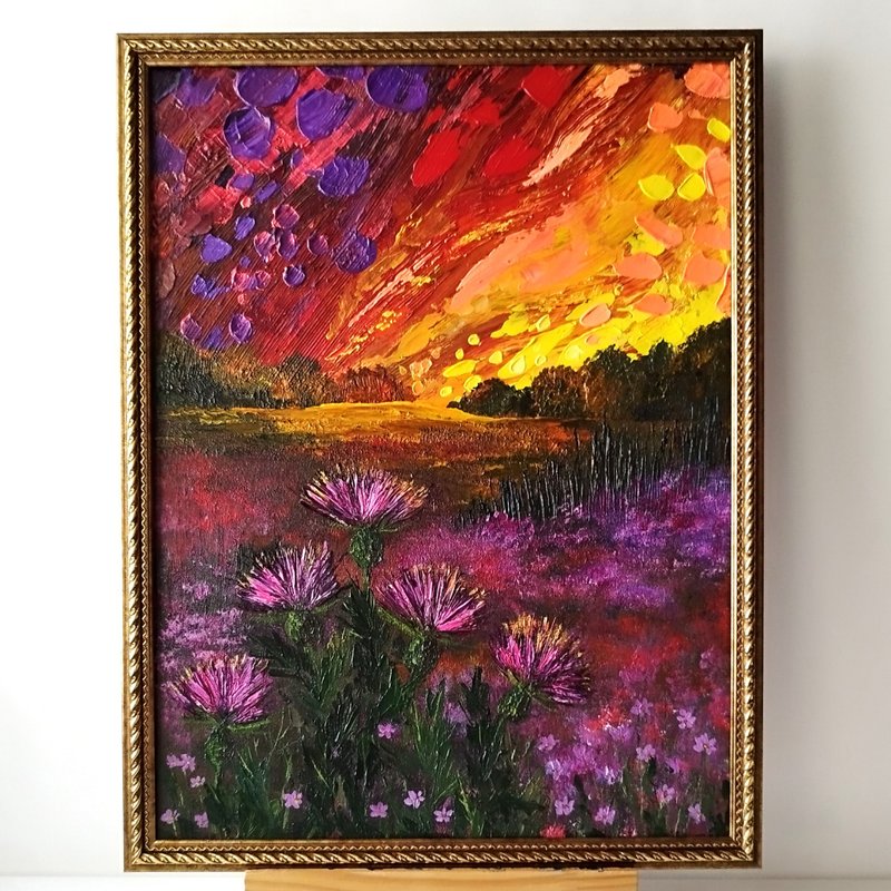 Bright Sunset Landscape Painting: Nature Textured Art Wall Decoration - 壁貼/牆壁裝飾 - 壓克力 多色