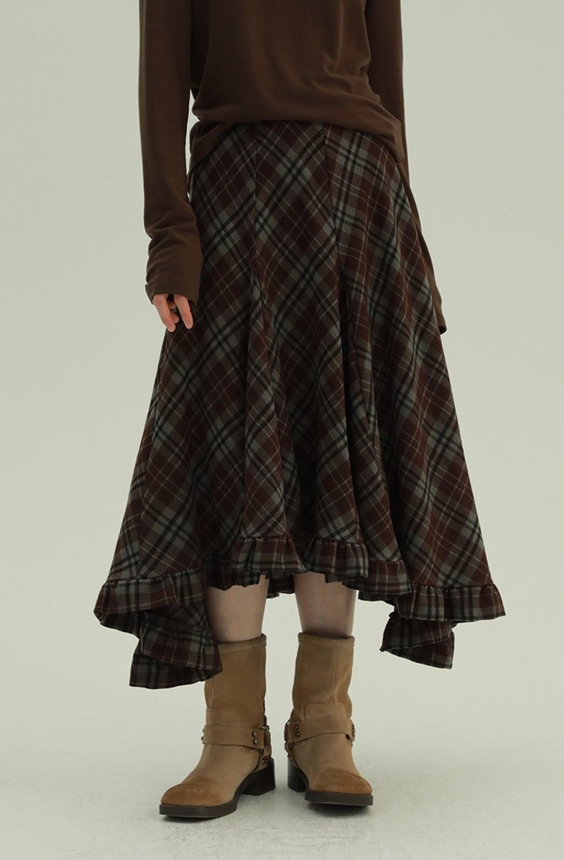 紅楓葉 不規則格子半身裙子 格紋休閒文藝復古百搭長裙 - 裙子/長裙 - 棉．麻 咖啡色