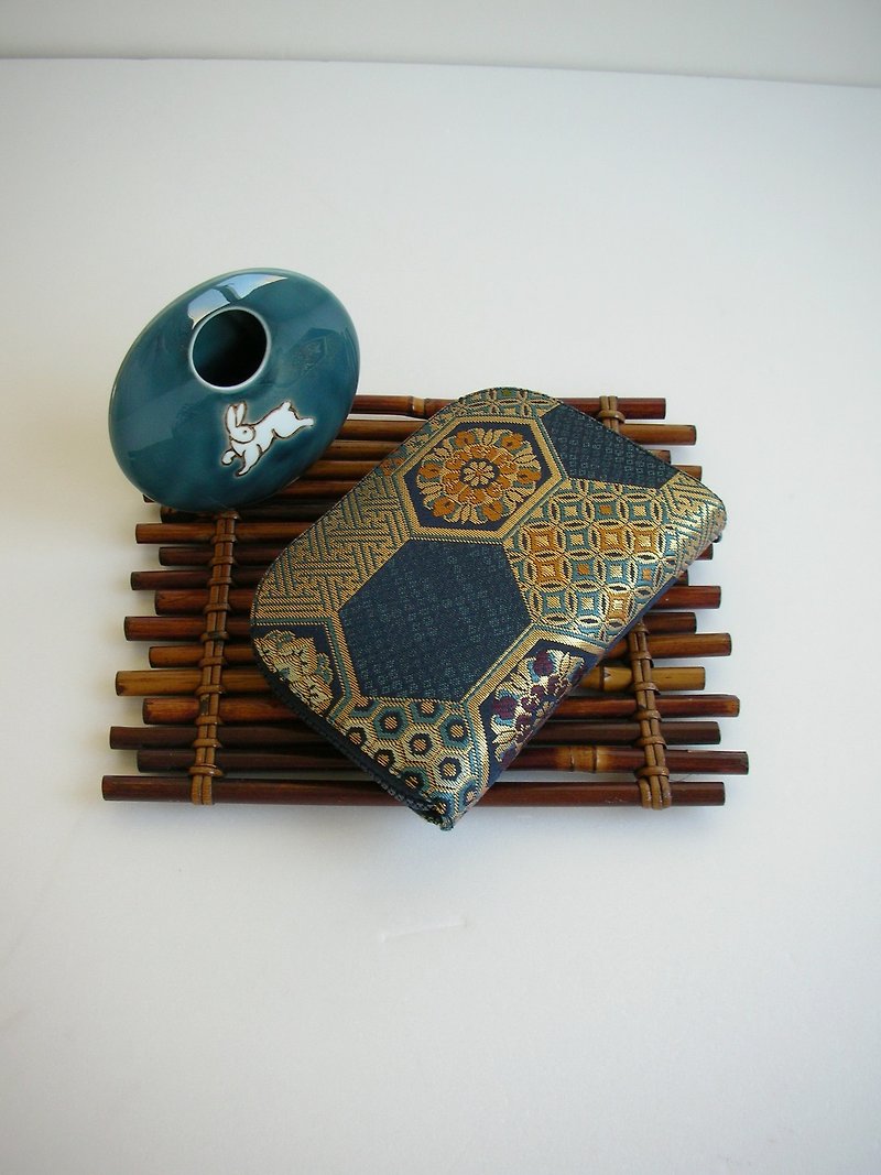Jingxijin Jinyu Nishikori [cyan blue turtle shell]-short clip/wallet/coin purse/ - กระเป๋าสตางค์ - ผ้าไหม สีน้ำเงิน