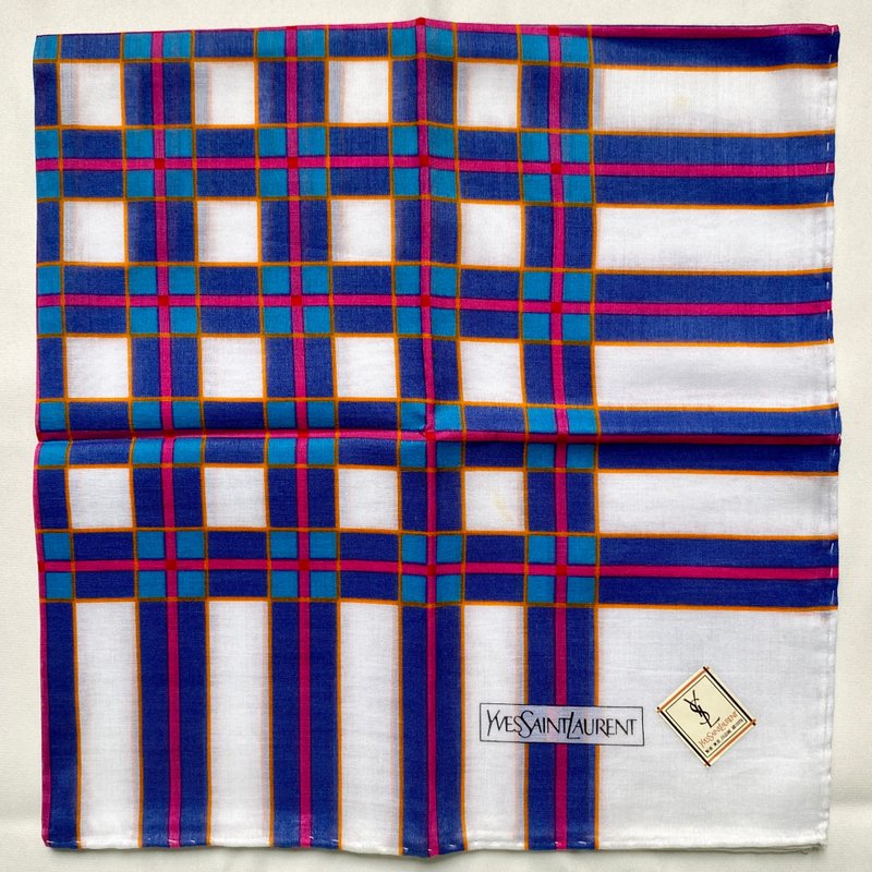 Vintage Yves Saint Laurent YSL Plaid Geometric Purple White Cotton Handkerchief - 手帕 - 棉．麻 紫色