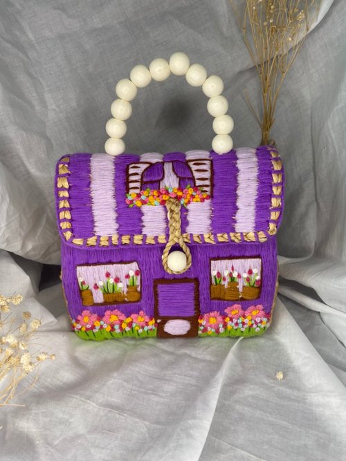 embroideringpreeyada Water hyacinth embroidered bag, purple tone, flower shop pattern