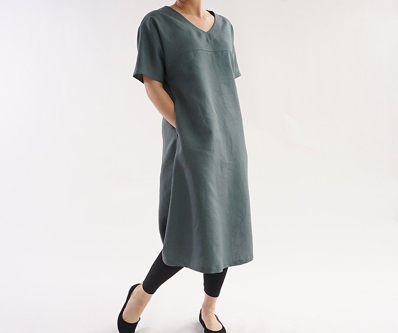 Linen V neck flare line Dolman One Piece / Laurie a16-7 - 洋裝/連身裙 - 棉．麻 綠色