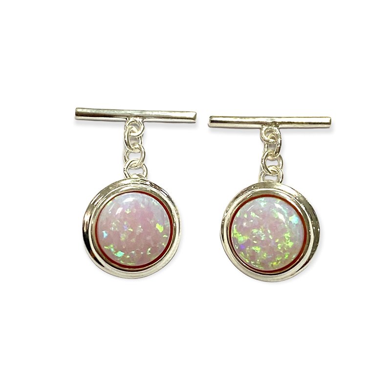 Round Pink Gilson Opal Wedding Cufflinks For Groom 925 Sterling Silver - 袖扣 - 純銀 粉紅色