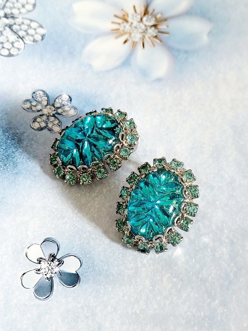 vintage jewelry Judy Lee  藍色裂紋玻璃萊茵石 夾式耳環 - 耳環/耳夾/耳骨夾 - 其他金屬 