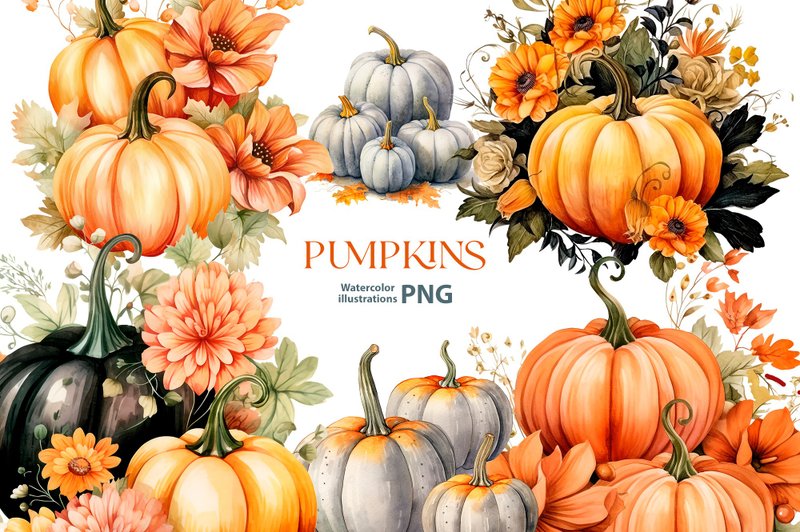 Watercolor pumpkin clipart set, 10 Png, Autumn Clipart, Watercolor fall clip art - 電子手帳及素材 - 其他材質 