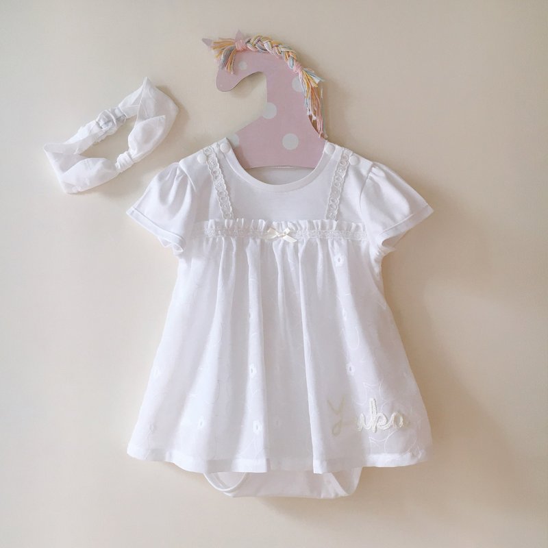 The first mini dress/one-piece dress/with hair band/customizable name/baby - ชุดทั้งตัว - ผ้าฝ้าย/ผ้าลินิน ขาว