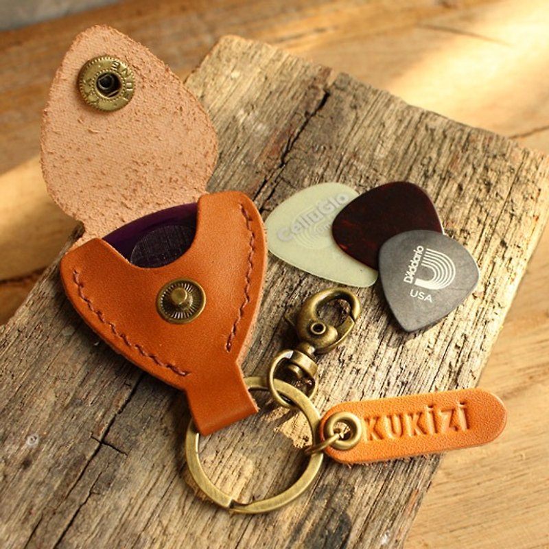 Handmade Pick Case (Genuine Cow Leather) - Tan - Key Case / Key Ring / Handmade / Personalised / Engraved Name - Keychains - Genuine Leather 