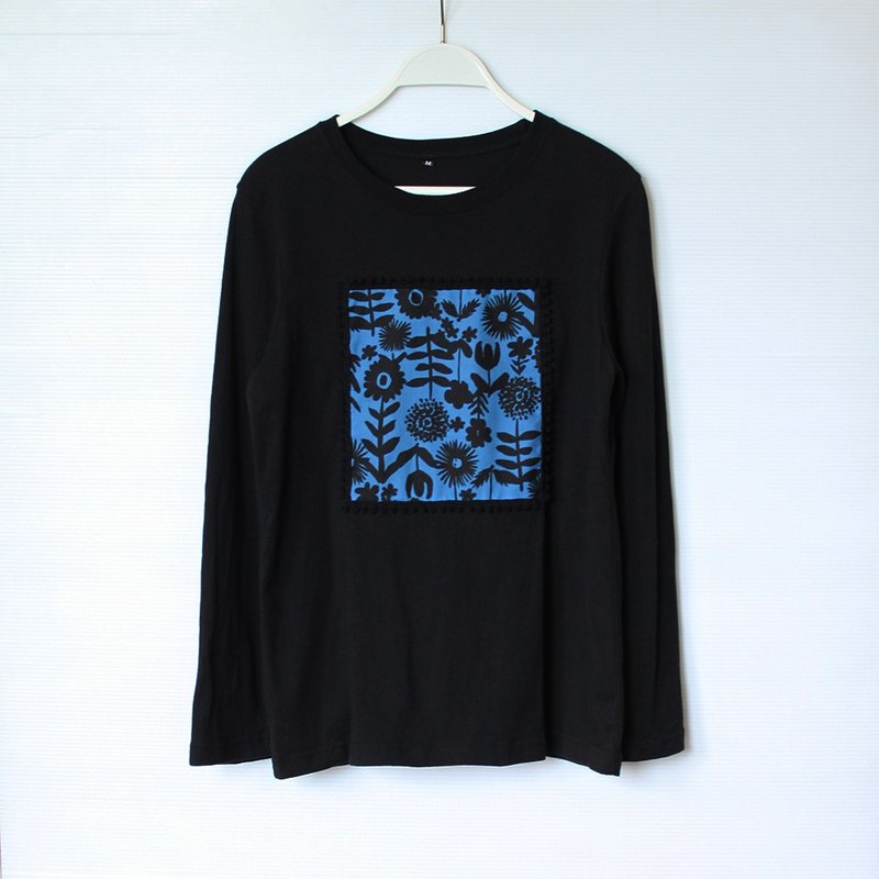 手繪花卉貼布微寬鬆黑色長袖T-shirt - 女 T 恤 - 棉．麻 黑色