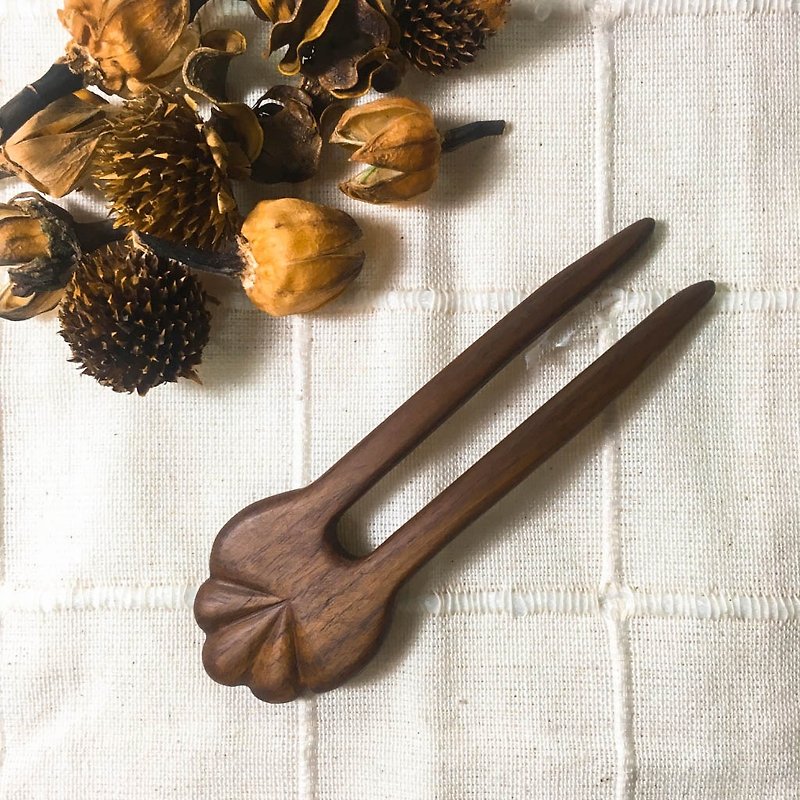 Hand-made vintage wooden double prong hairpin-walnut - เครื่องประดับผม - ไม้ สีนำ้ตาล