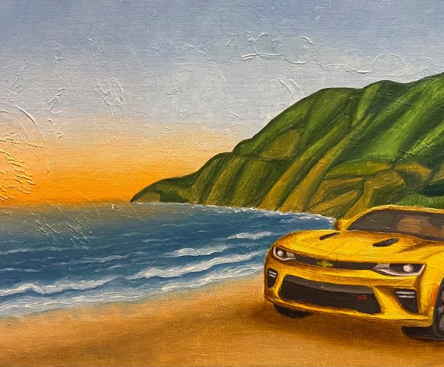 早朝、オリジナルの油絵、キャンバスに油彩、シボレー カマロ、車