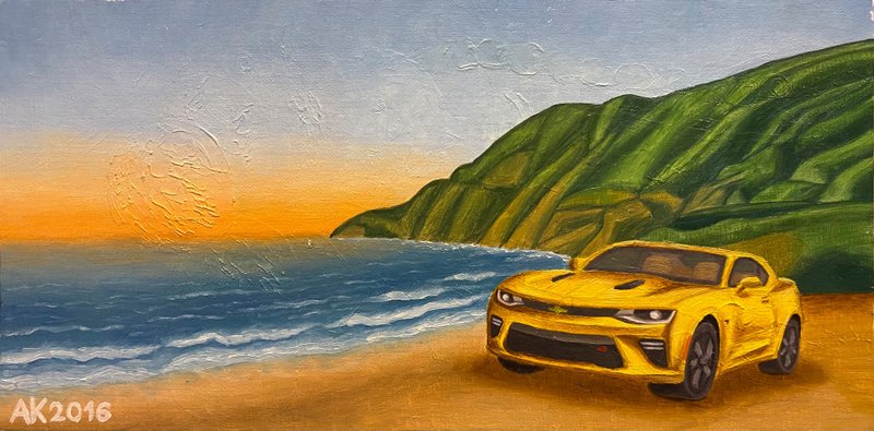 Early Morning, original oil painting, oil on canvas, Chevrolet Camaro, car, USA - 壁貼/牆壁裝飾 - 其他材質 多色