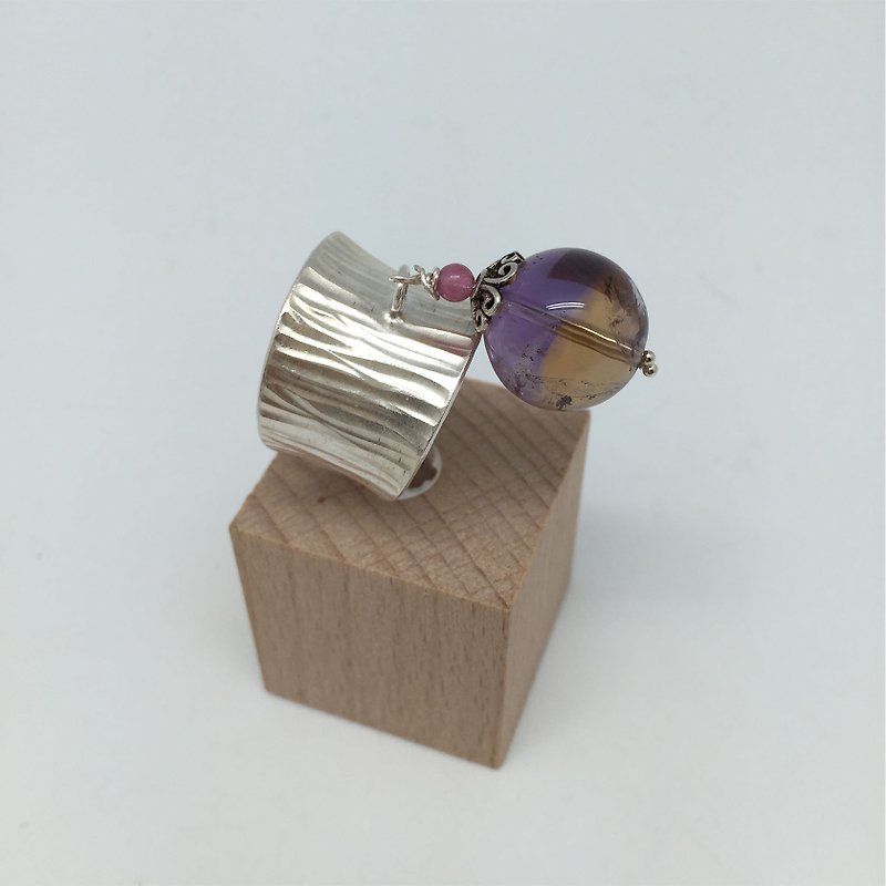 寶石戒指 紫黃水晶圓珠純銀壓木紋 可調戒圍 項鍊墜飾 禮盒 - 戒指 - 純銀 紫色