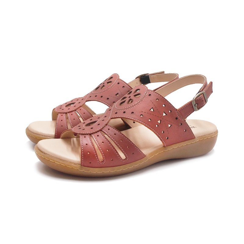 WALKING ZONE Women's Perforated Leather Buckle Strap Non-Slip Casual Sandals - Orange-Red - Sandals - Genuine Leather 