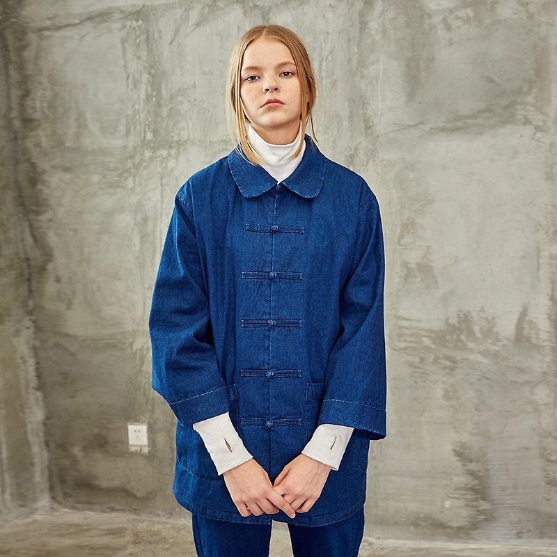 Cotton denim plate buckle jacket - เสื้อแจ็คเก็ต - ผ้าฝ้าย/ผ้าลินิน สีน้ำเงิน