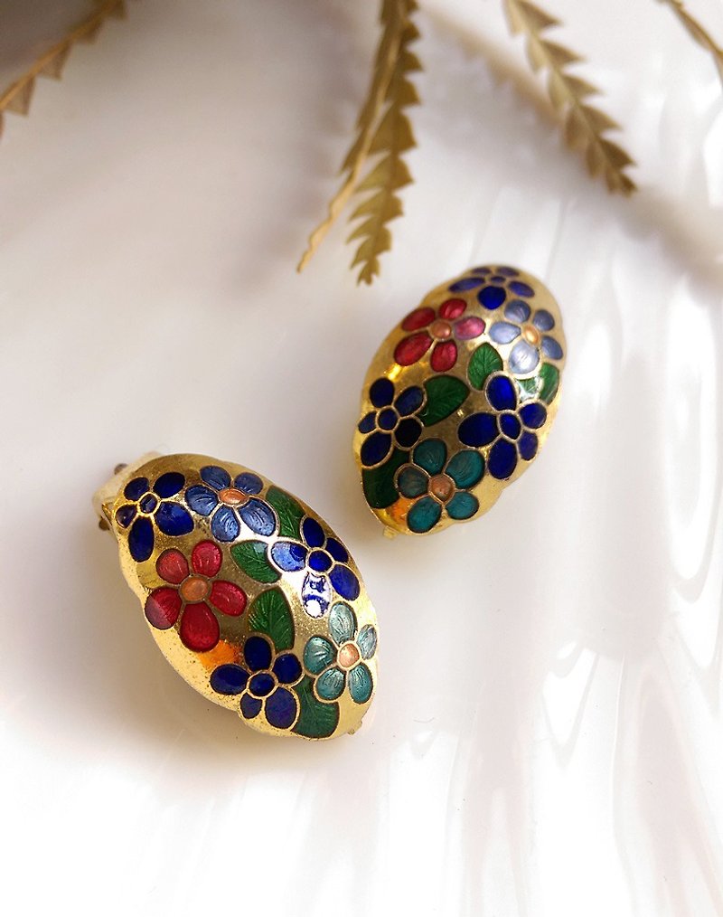 [Western antique jewelry / old age] 1980's colorful flower clip-on earrings - ต่างหู - โลหะ หลากหลายสี