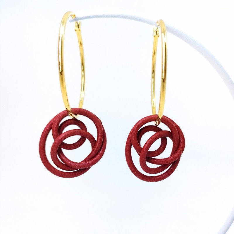 [Adult Clay] Hoop Earrings Wine Red Polymer Clay - ต่างหู - วัสดุอื่นๆ สีแดง