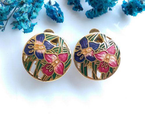 老時光角落 Vintage Jewelry 西洋古董飾品 紫粉色調 花卉 景泰藍 夾式耳環