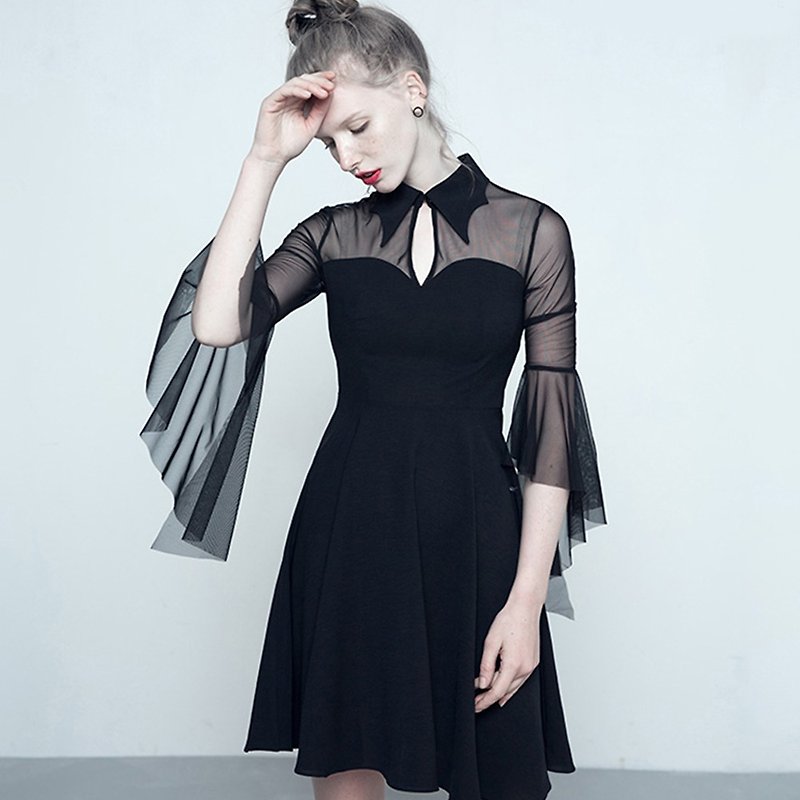 Gothic bat collar stitching chiffon skirt - One Piece Dresses - Other Materials Black
