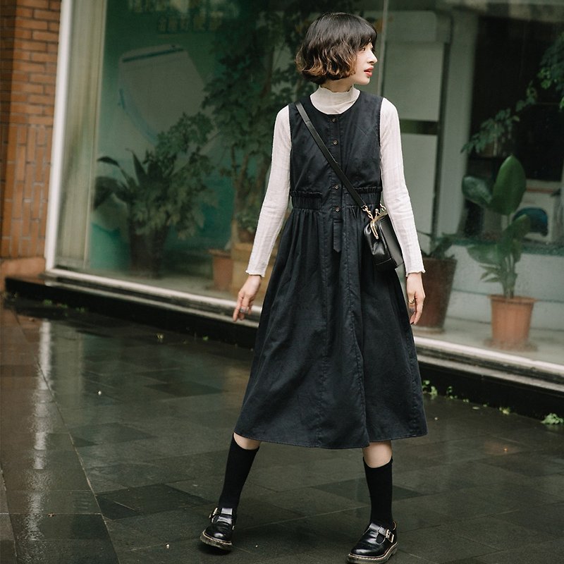 Japanese light retro vest dress | dress | summer and autumn models | export fabric | cotton | Sora-332 - ชุดเดรส - ผ้าฝ้าย/ผ้าลินิน สีดำ