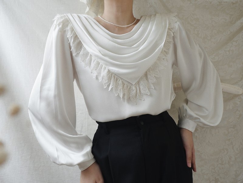 Vintage Off White Long Sleeve Blouse With Draped Neckline And Lace Detail - Women's Tops - Polyester White