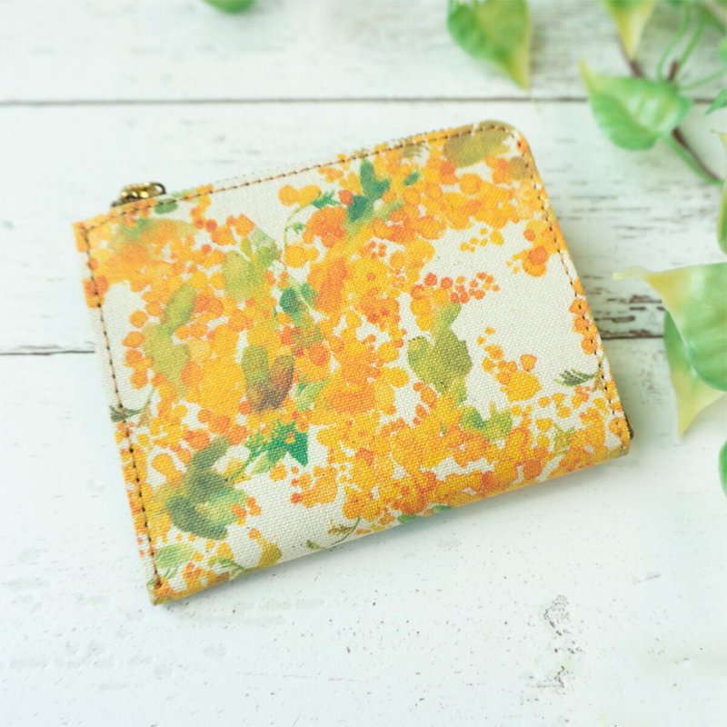 Coin Case [Watercolor Mimosa Compact Coin Case] Genuine Leather Wallet Mini Wallet Convenient HB02K - กระเป๋าใส่เหรียญ - วัสดุอื่นๆ สีเหลือง